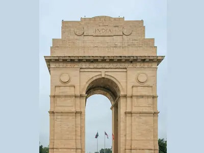 A photograph showcasing the zoomed-in view of India Gate in New Delhi.