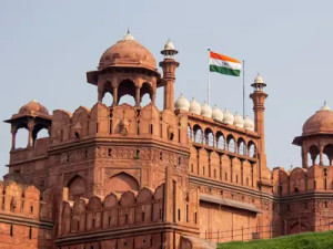 The Indian flag proudly flies atop the iconic Red Fort in New Delhi, India.